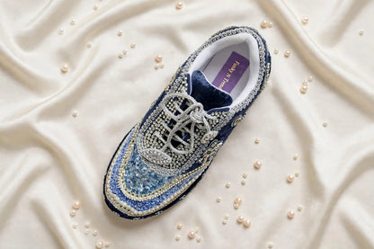 Midnight Blue Velvet Bridal Sneakers with Silver Cutdana & Crystal Embellishments