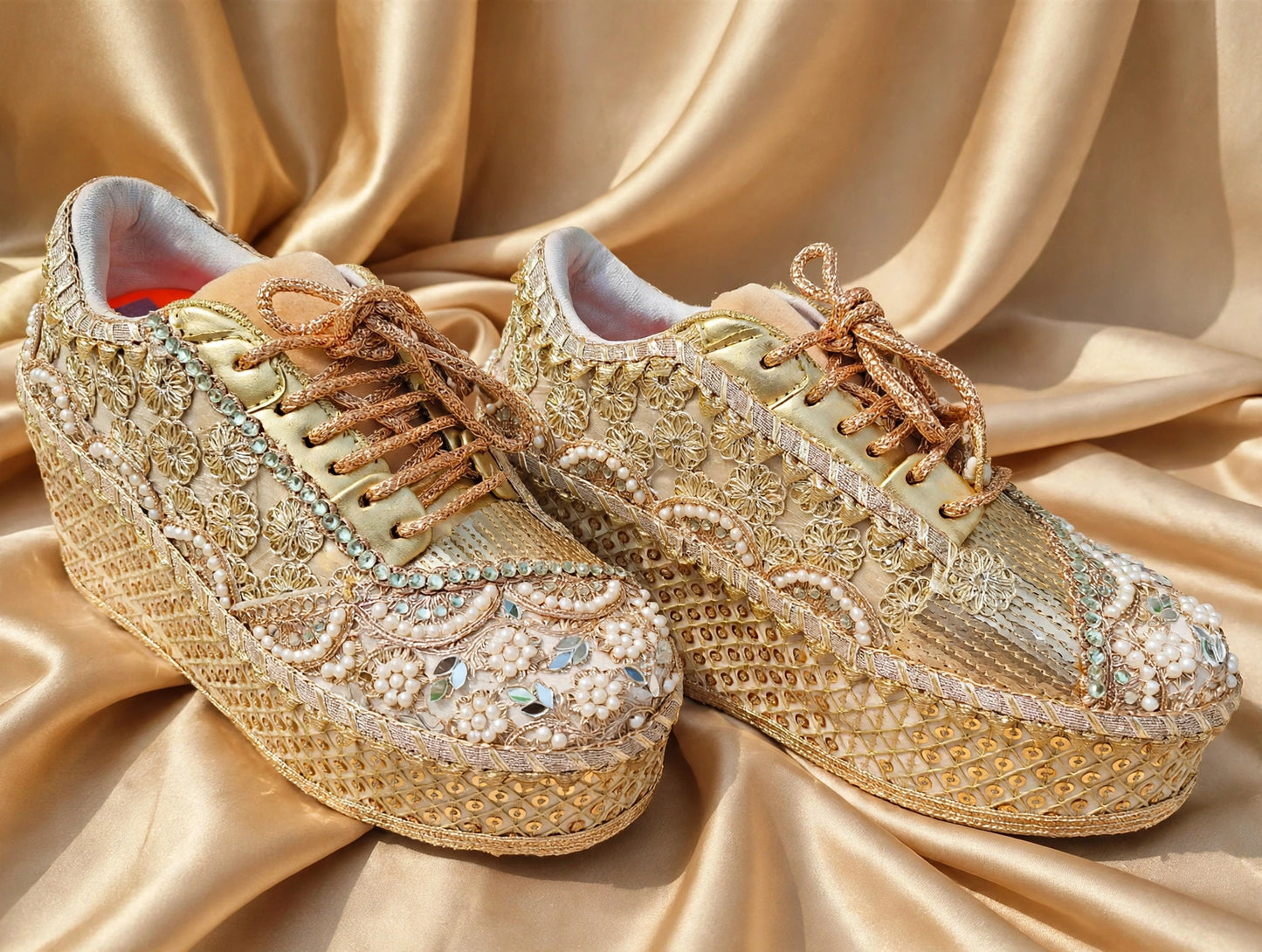 FUNKY N TRENDY Gold bridal sneakers - wedge sneakers heeled sneakers/ golden sneakers