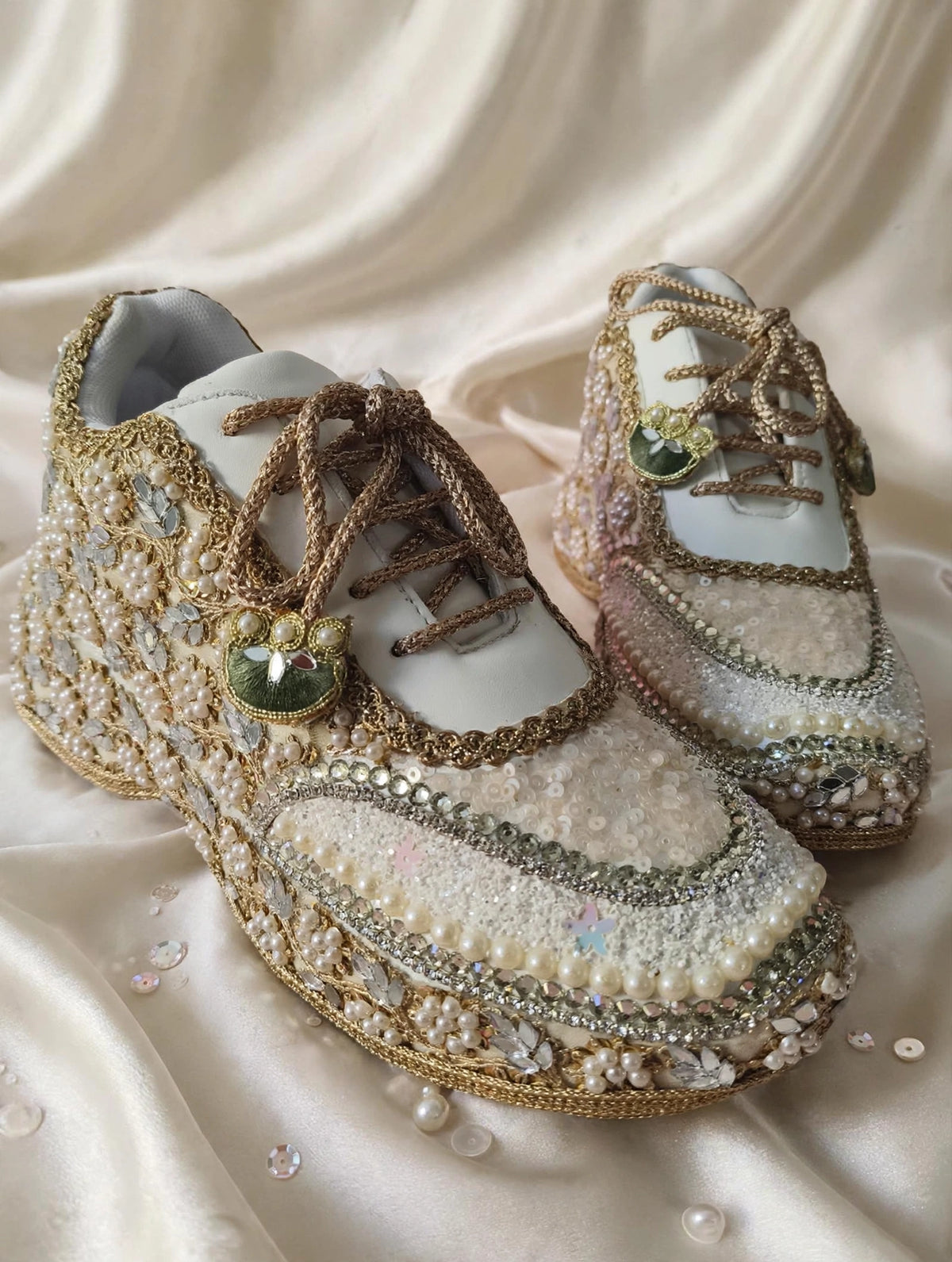 Mirror leaves Pearl blossom Dull gold/ beige Bridal Sneakers – Floral Embroidery” / gold sneakers /ivory sneakers/peach sneakers
