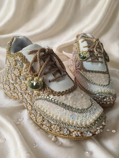 Mirror leaves Pearl blossom Dull gold/ beige Bridal Sneakers – Floral Embroidery” / gold sneakers /ivory sneakers/peach sneakers