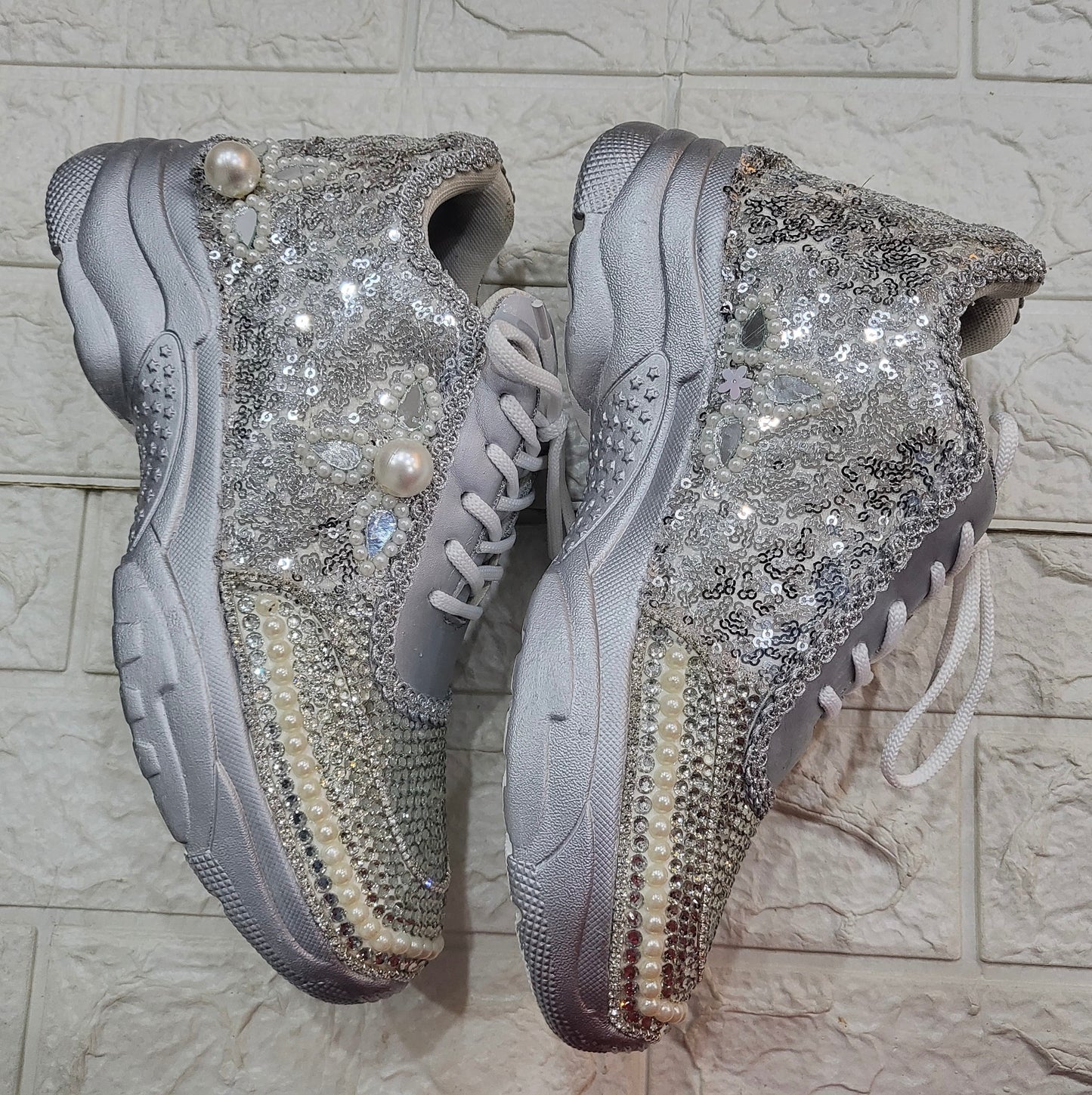 FUNKY N TRENDY rhinestone work bridal sneakers / bridesmaid sneakers/ silver sneakers / silver shoes/ rhinestone sneakers mirror shoes/ bride shoes/ embroidered shoes