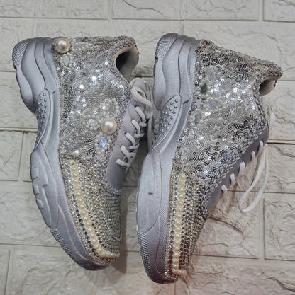 FUNKY N TRENDY rhinestone work bridal sneakers / bridesmaid sneakers/ silver sneakers / silver shoes/ rhinestone sneakers mirror shoes/ bride shoes/ embroidered shoes