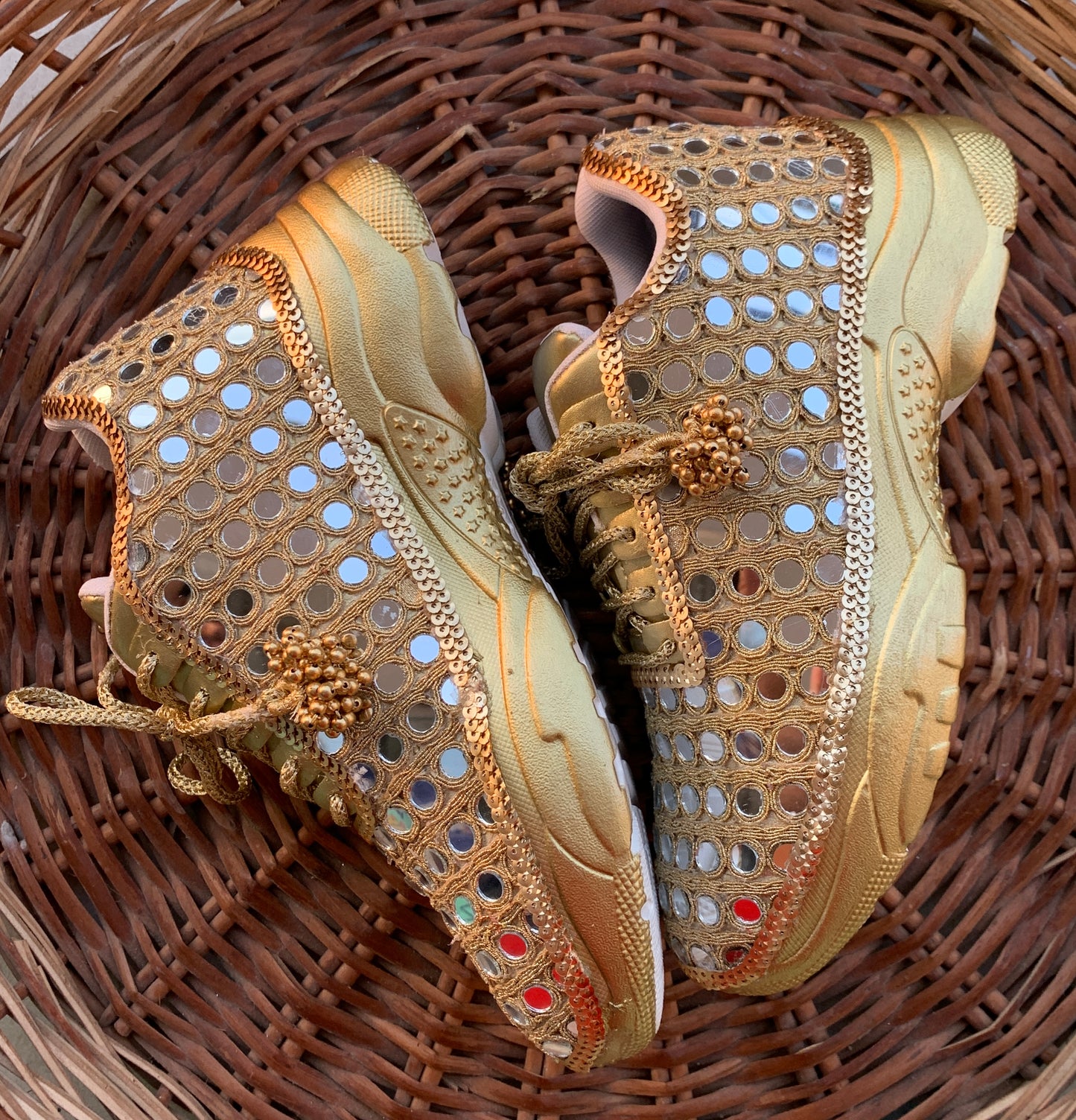 FUNKY N TRENDY gold mirror heeled sneakers for brides /bridesmaids / sneakers for bridesmaids/ handcrafted sneakers/ mirror sneakers / bridal sneakers / bridesmaid sneakers/ gold sneakers / mirror shoes