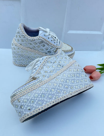 Handcrafted Bridal Sneakers for Brides – Wedding Shoes | Funky N Trendy | Ivory wedges | ivory sneakers