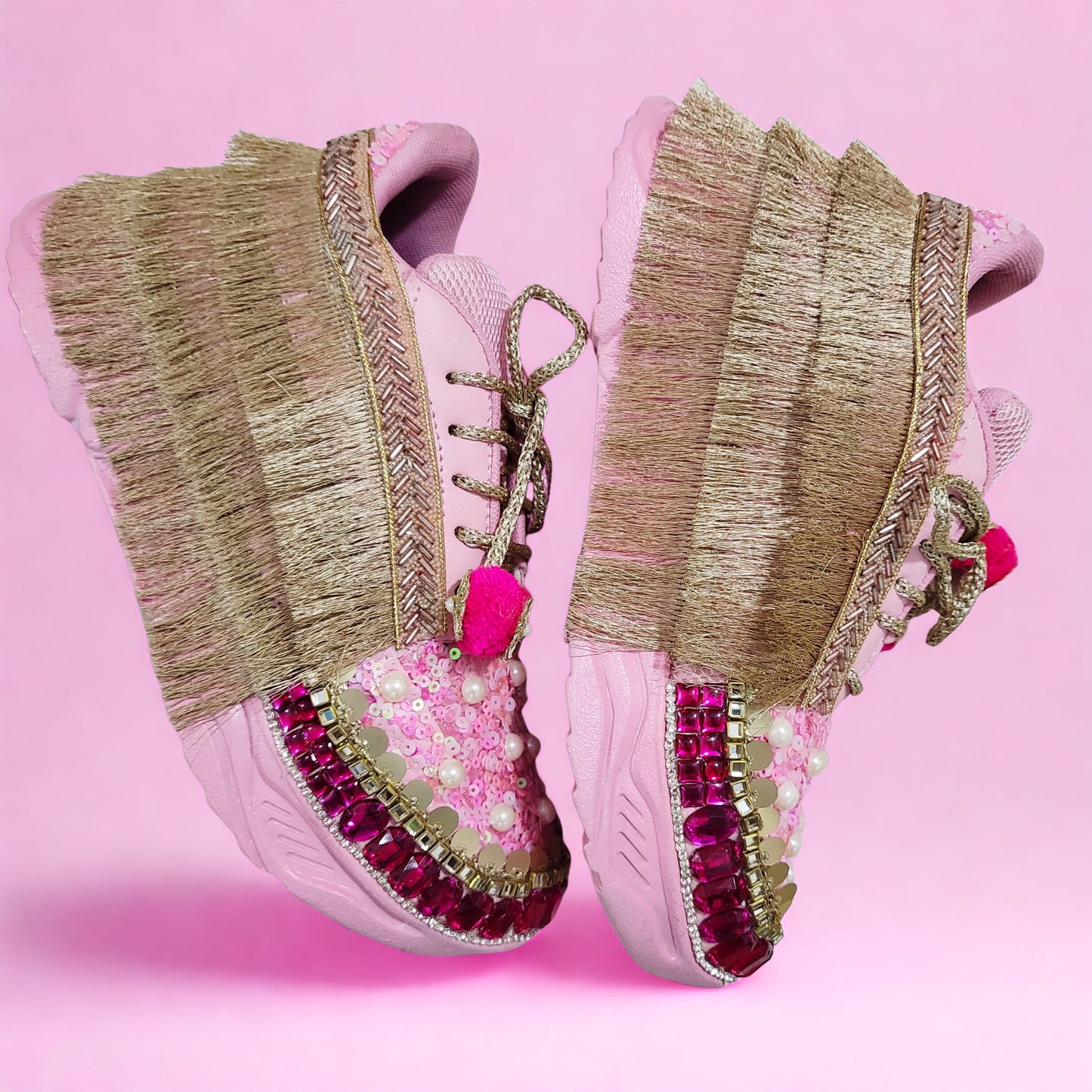 Funky N Trendy Hot pink sequine work with stone detailing bridal sneakers/ bridesmaid sneaker / golden sneakers/ hot pink sneakers / pink shoes for bride/ rani pink sneakers