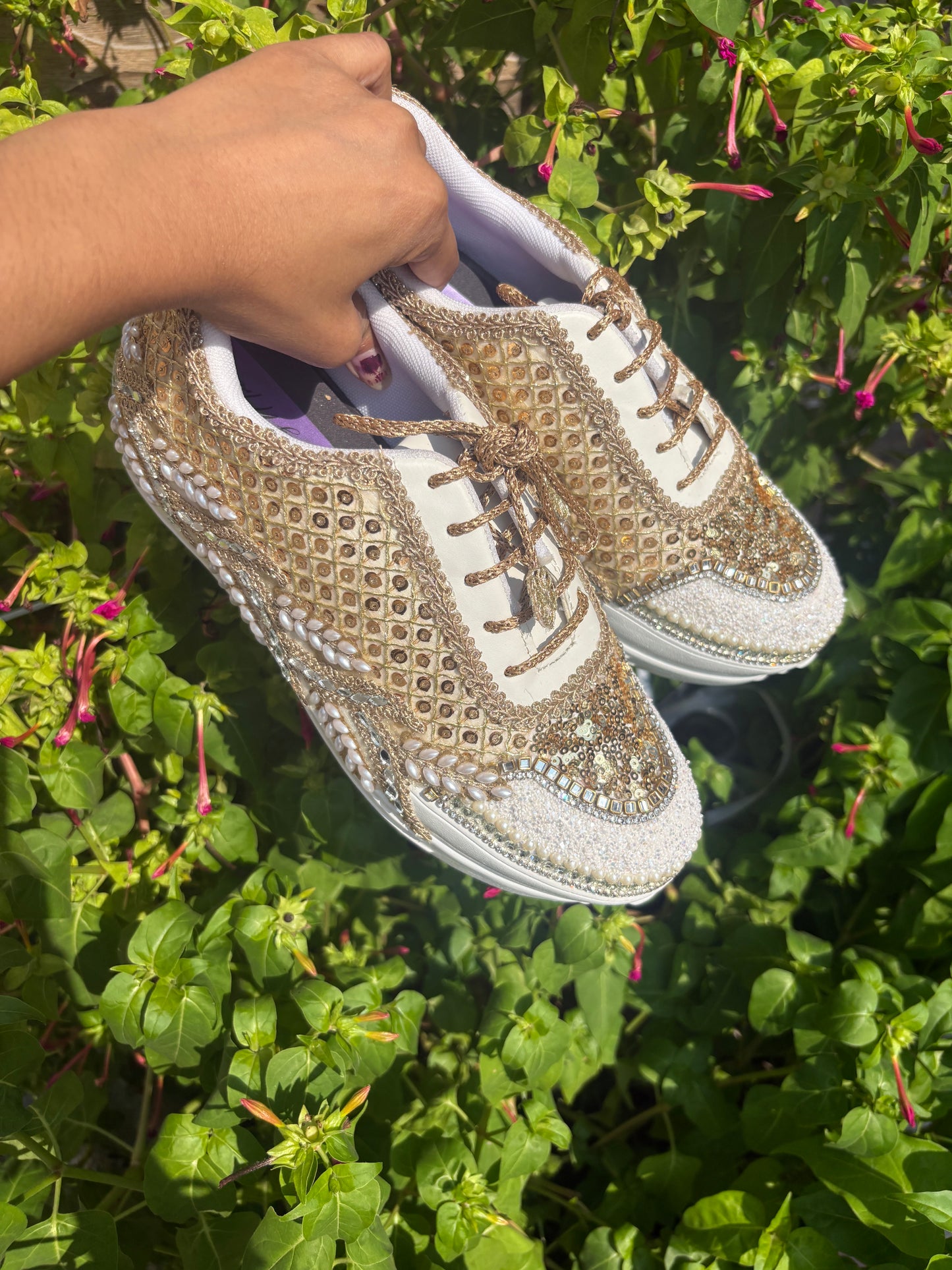 Funky N Trendy dull gold embroidered sequine work sneakers with mirror detailing / bridal sneakers/ sneaker for bride / white sneakers/ pearl sneakers for bride