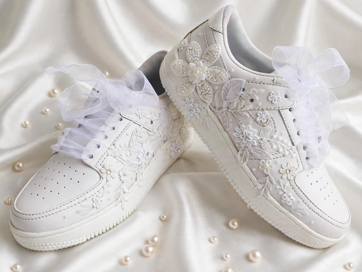The Pearl - Hand Embroidered White Bridal Sneakers with Pearl Flowers