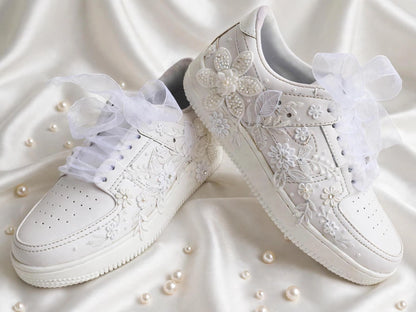 The Pearl - Hand Embroidered White Bridal Sneakers with Pearl Flowers