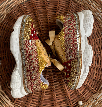 FUNKY N TRENDY maroon and gold sneakers with mirror detailing for brides /bridesmaids / sneakers for bridesmaids/ handcrafted sneakers/ maroon sneakers / bridal sneakers / bridesmaid sneakers/ maroon shoes
