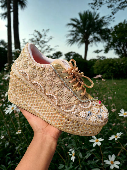 FUNKY N TRENDY Gold bridal sneakers - wedge sneakers heeled sneakers/ golden sneakers