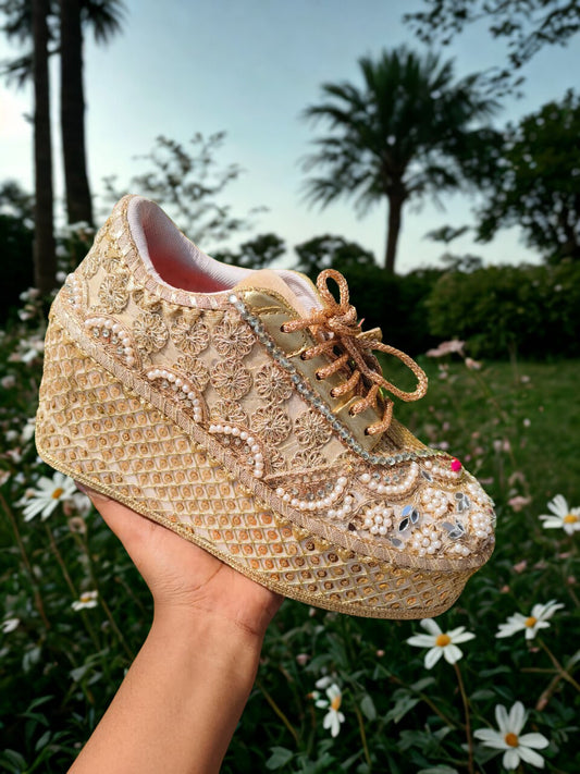 FUNKY N TRENDY Gold bridal sneakers - wedge sneakers heeled sneakers/ golden sneakers