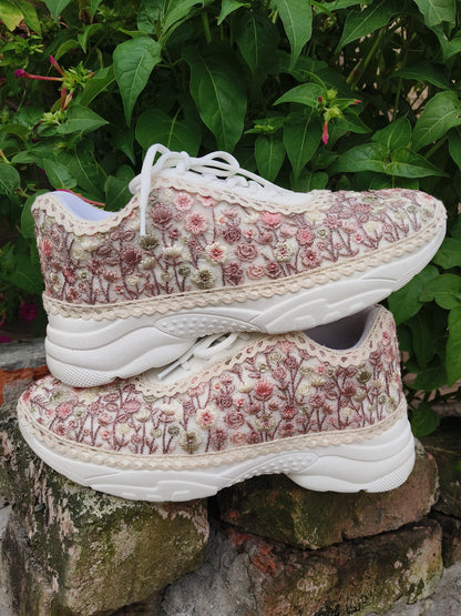 FUNKY N TRENDY fully hand crafted threadwork floral sneakers/ floral shoes/ pink sneakers/ lavender sneakers