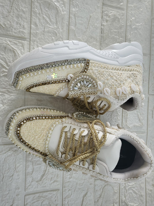 Funky N Trendy ivory / off white embroidery work bridal sneakers/ bridesmaid sneaker / hancrafted sneakers / gold sneakers / golden sneakers/ white sneakers / white shoes