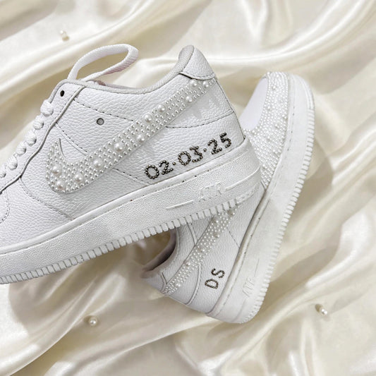 LUNA - Custom Pearl Bridal Sneakers with Wedding Date & Initials | Hand-Embellished White Wedding Sneakers