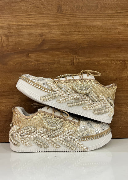 Funky N Trendy ivory / off white embroidery work bridal sneakers/ bridesmaid sneaker / hancrafted sneakers / gold sneakers / golden sneakers/ white sneakers / white shoes
