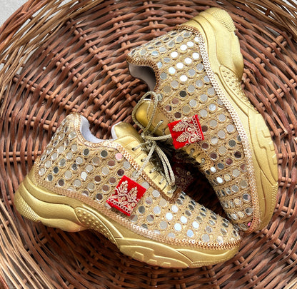 FUNKY N TRENDY gold mirror heeled sneakers for brides and bridesmaids