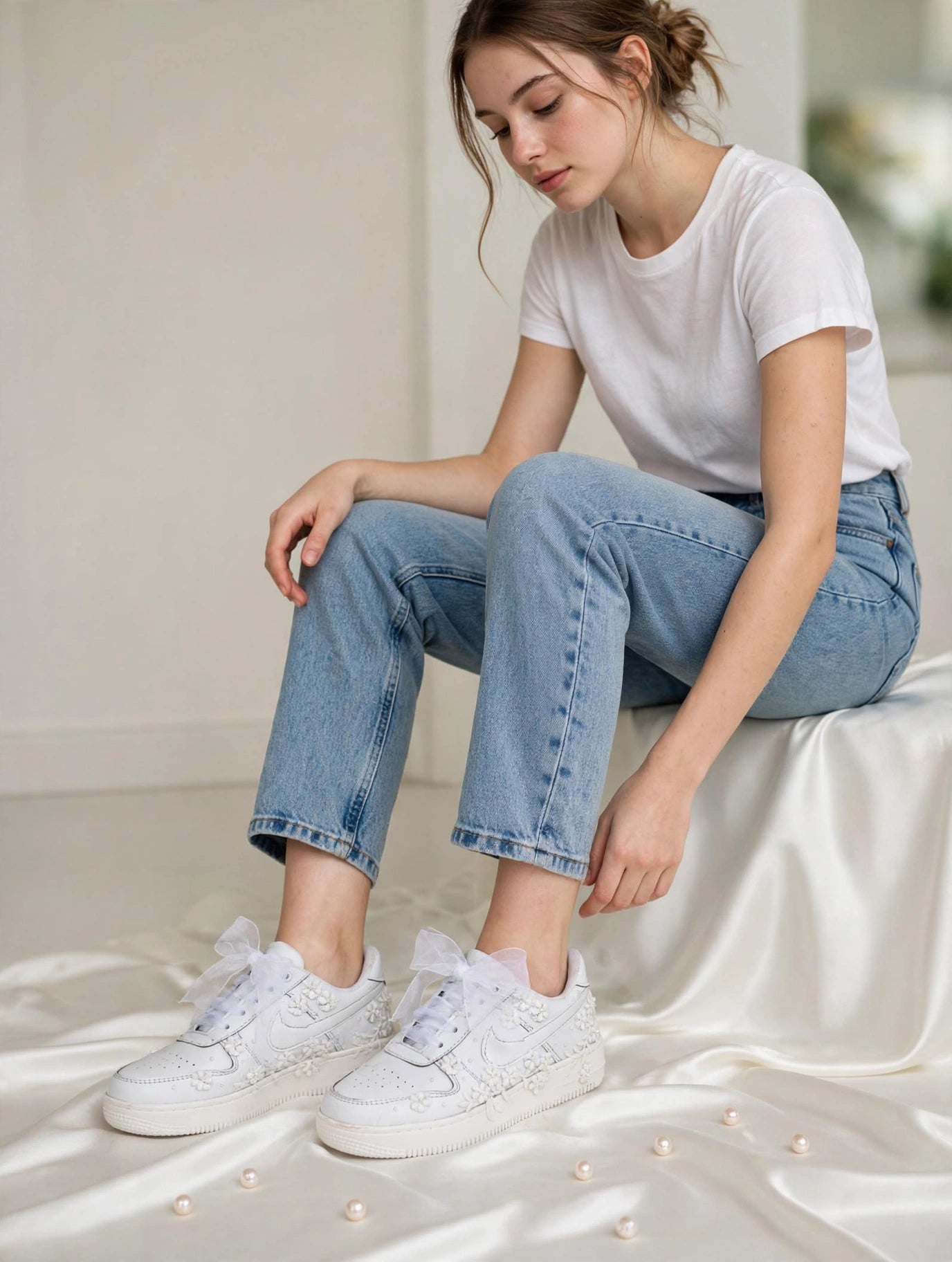 Bridal Floral Lace Sneakers | Custom White Wedding Sneakers with Pearl Embellishments