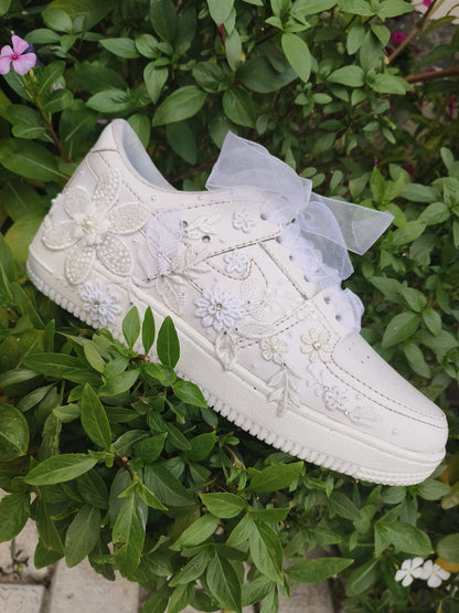 Funky N Trendy white thread work pearl work sneakers with floral detailing / bridal sneakers/ sneaker for bride / white sneakers/ pearl sneakers for bride/custom name initials / wedding date