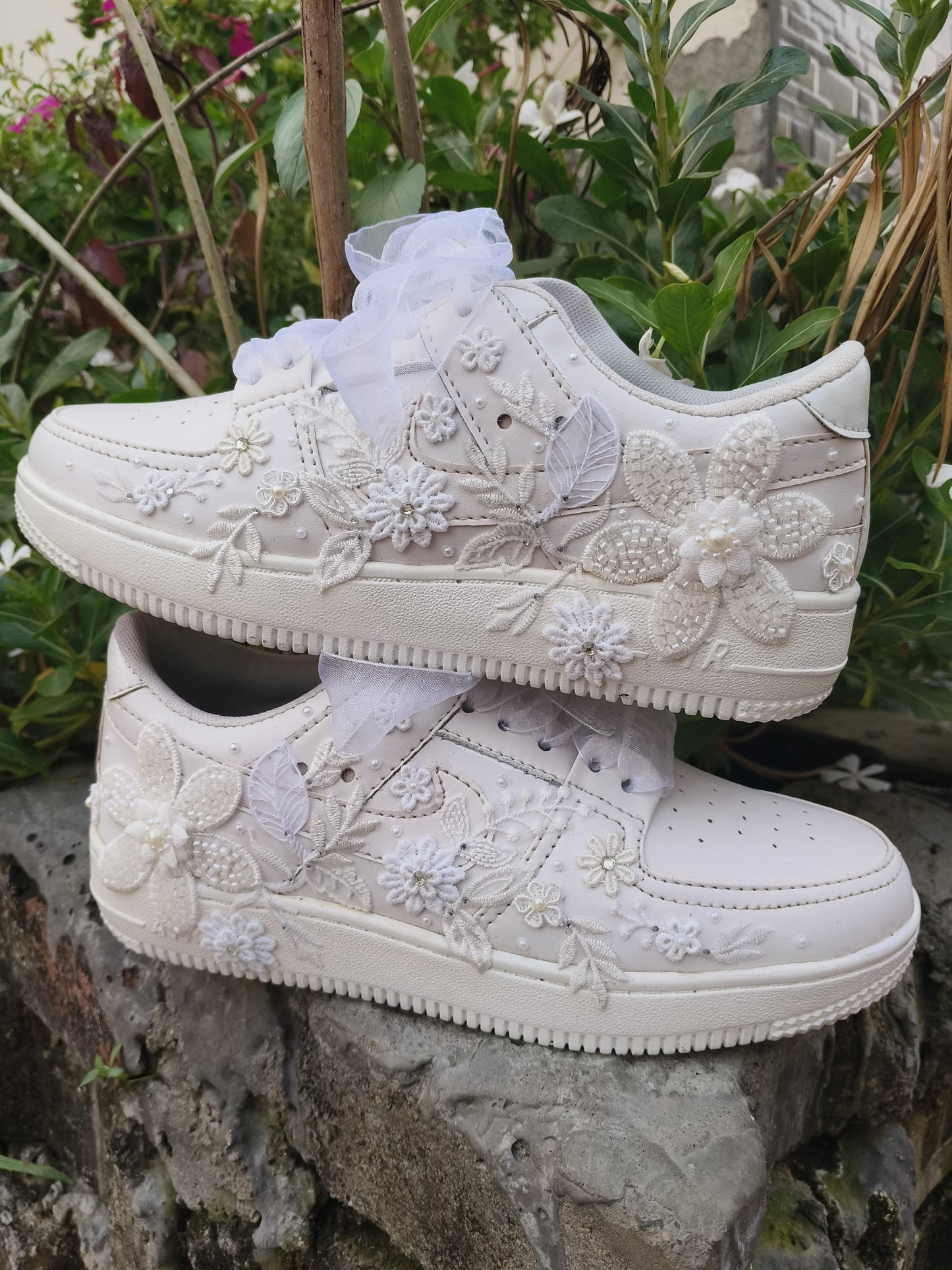 Funky N Trendy white thread work pearl work sneakers with floral detailing / bridal sneakers/ sneaker for bride / white sneakers/ pearl sneakers for bride/custom name initials / wedding date