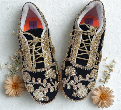 Funky N Trendy handcrafted hand embroidered cutdana work bridal sneakers/ bridesmaid sneaker / black sneakers /black boho sneakers/ black shoes/ unisex shoes / men shoes / women shoes