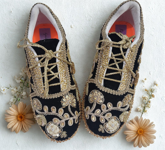 Funky N Trendy handcrafted hand embroidered cutdana work bridal sneakers/ bridesmaid sneaker / black sneakers /black boho sneakers/ black shoes/ unisex shoes / men shoes / women shoes
