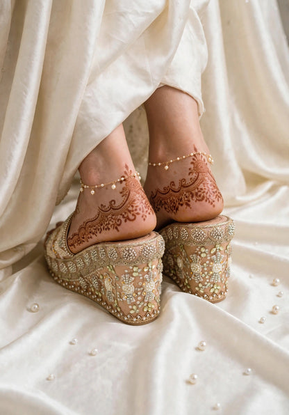 Handcrafted Bridal Embroidered Wedges - Beige / ivory
