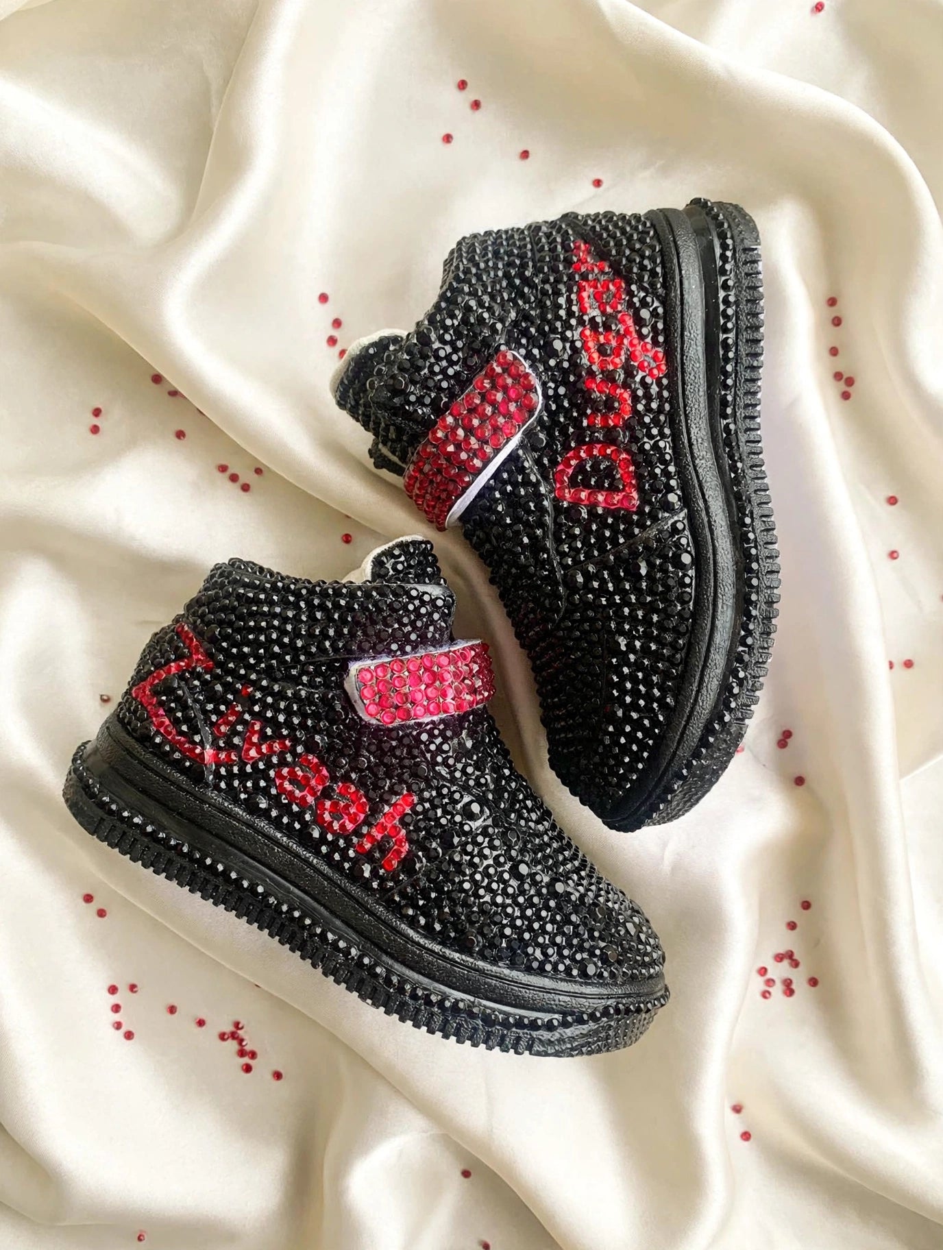 Funky N Trendy black and red rhinestone sneakers with custom name sneakers