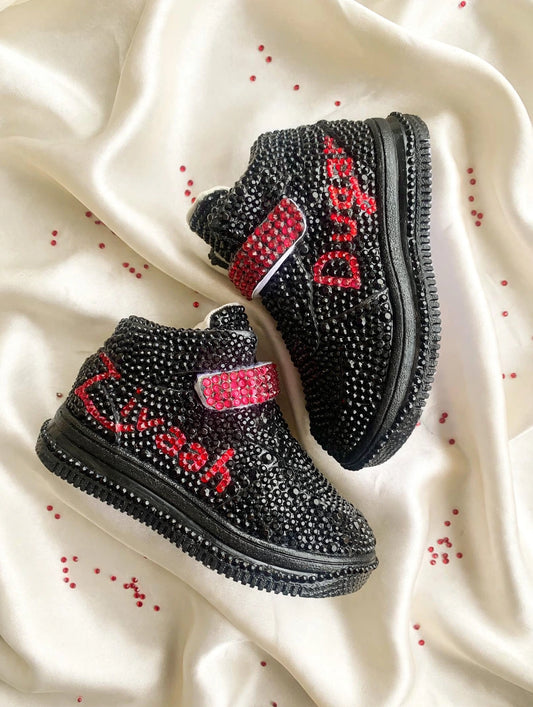 Funky N Trendy black and red rhinestone sneakers with custom name sneakers