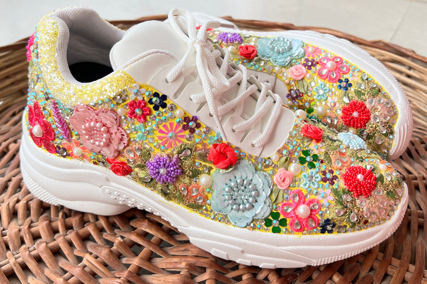 FUNKY N TRENDY “Yellow Pastel Garden Handcrafted Sneakers – Floral Magic”
