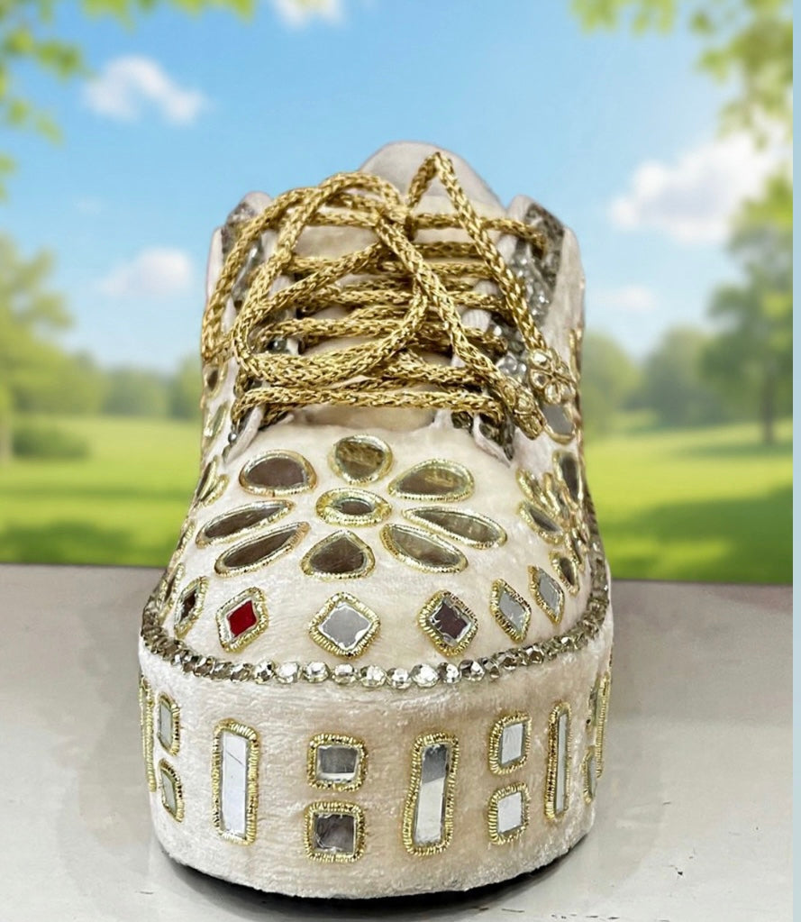 FUNKY N TRENDY Hand embroidered Mirror sneakers - wedge sneakers heeled sneakers/ gold sneakers/ ivory beige sneakers