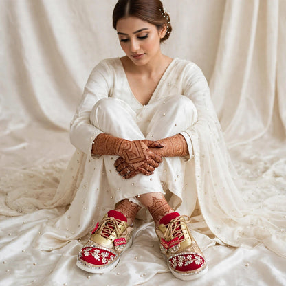 FUNKY N TRENDY red and gold sneakers for brides /bridesmaids / sneakers for bridesmaids/ handcrafted sneakers/ gold sneakers / bridal sneakers / bridesmaid sneakers/ gold sneakers / red shoes/ megenta shoes/ hot pink sneakers