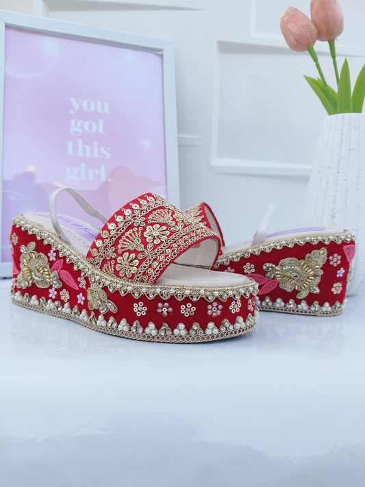Handcrafted Bridal Embroidered Wedges - Red / Gold