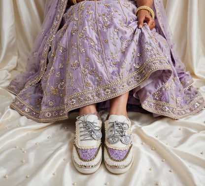 Funky N Trendy ivory and purple embroidery work bridal sneakers/ bridesmaid sneaker / lavender sneakers/ lilac sneakers / sequine work sneakers/ purple shoes/ silver sneakers