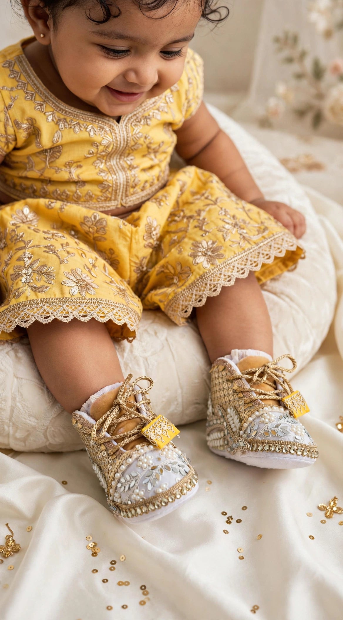 Aaira - Ivory & Gold Baby Girl Ethnic Sneakers | Pearl & Mirror Work First Birthday Shoes