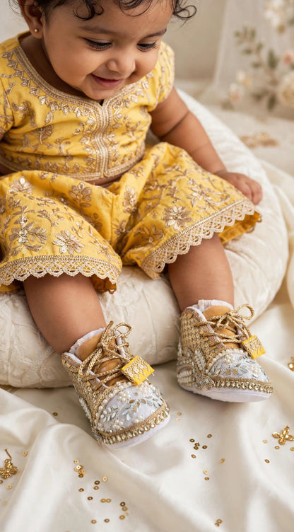 Aaira - Ivory & Gold Baby Girl Ethnic Sneakers | Pearl & Mirror Work First Birthday Shoes