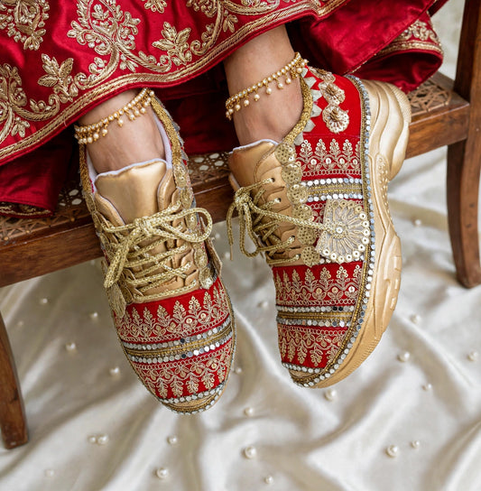 Maharani - Red Velvet Bridal Sneakers with Gold Chunky Sole