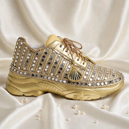 Golden Mirror – Bridal Sneakers with Dual Latkans | Gold Chunky Sneakers for Sangeet