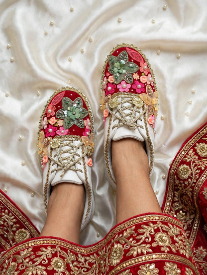 Laal Ishq - Red Bridal Sneakers with Multicolor Floral Embroidery & Pearls