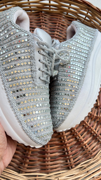 FUNKY N TRENDY Full mirror work silver sneakers for brides / bridesmaids/ silver sneakers / mirror sneakers / silver shoes