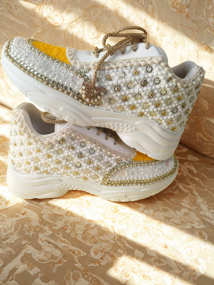 Funky N Trendy ivory and yellow embroidery work bridal sneakers/ bridesmaid sneaker / golden sneakers/ yellow sneakers / sequine work sneakers/ yellow shoes/ silver golden sneakers