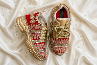 Maharani - Red Velvet Bridal Sneakers with Gold Chunky Sole