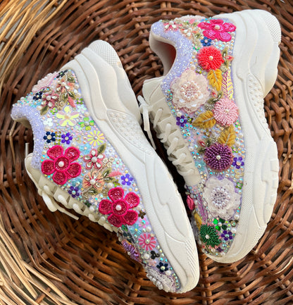 FUNKY N TRENDY fully hand crafted purple floral work with beads rhinestones cutdana etc /bridal sneakers / bridesmaid sneakers/ floral sneakers /colorful sneakers /bridal shoes / haldi mahendi shoes/ carnival sneakers / lilac levender sneakers