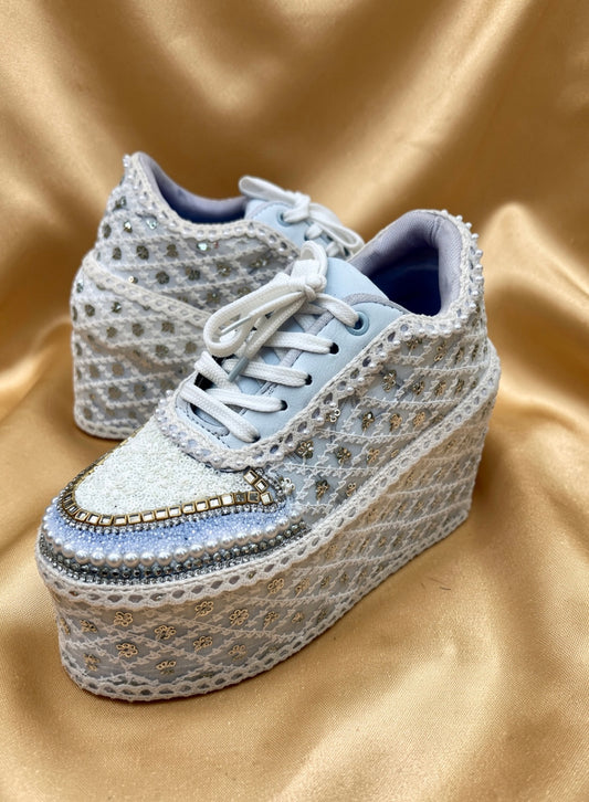 Handcrafted Bridal Sneakers for Brides – Wedding Shoes | Funky N Trendy | Ivory wedges | ivory sneakers