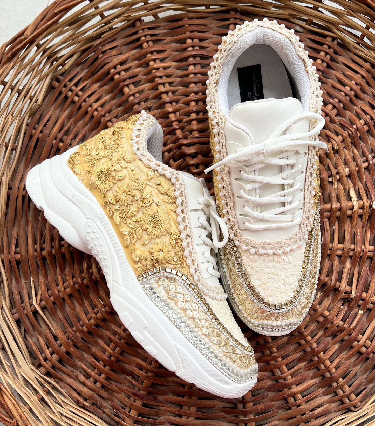 Funky N Trendy ivory / off white embroidery work bridal sneakers/ bridesmaid sneaker / hancrafted sneakers / gold sneakers / golden sneakers