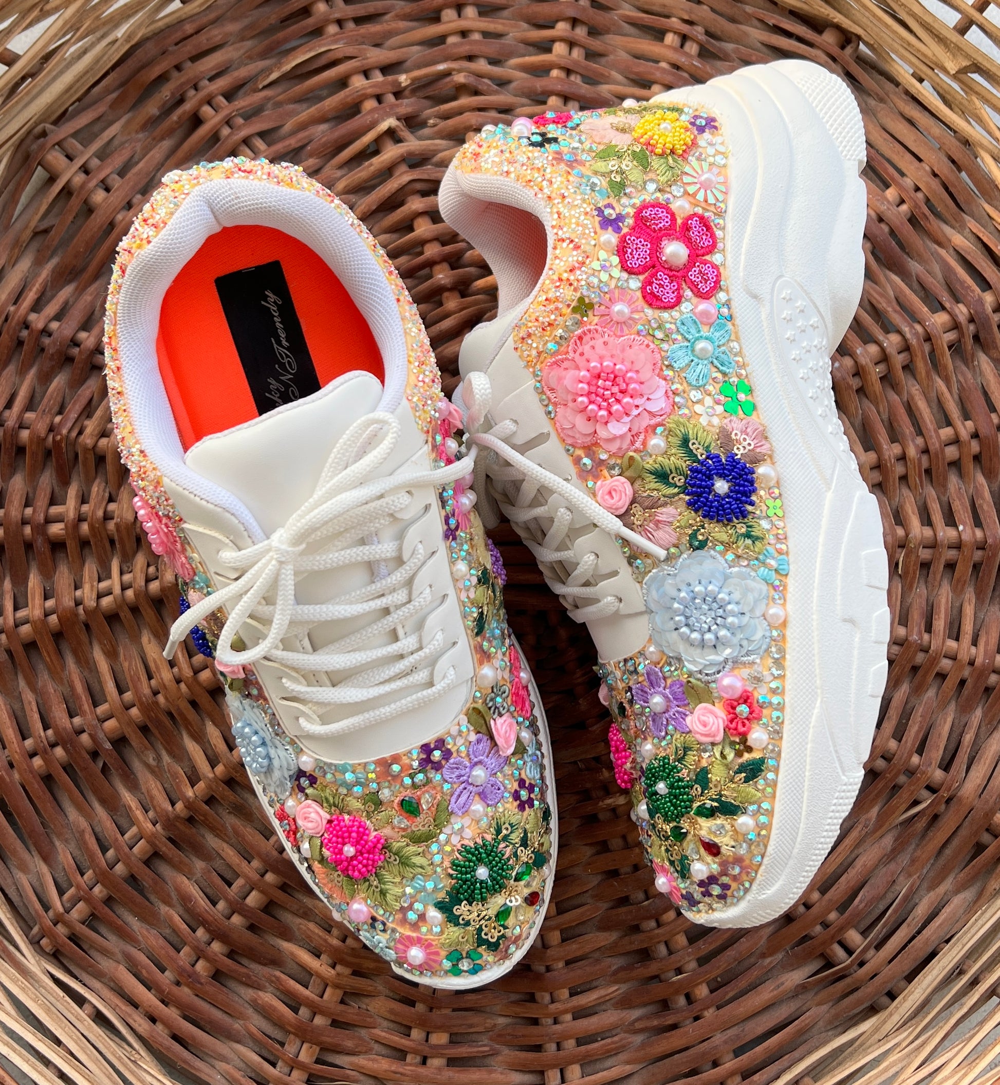 FUNKY N TRENDY fully hand crafted floral work with beads rhinestones cutdana etc /bridal sneakers bridesmaid sneakers/ floral sneakers /colorful