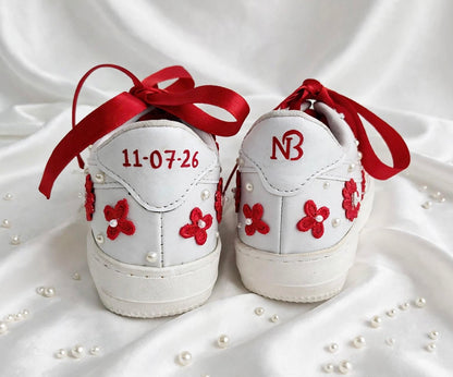 Funky N Trendy red and white pearl work sneakers with floral detailing / bridal sneakers/ sneaker for bride / white sneakers/ pearl sneakers for bride personalised sneakers for brides