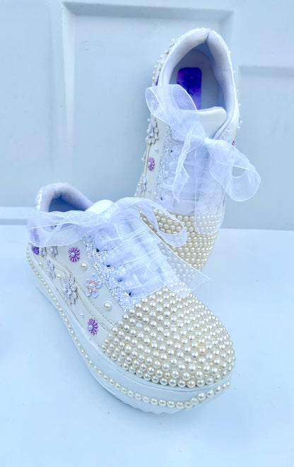 Funky N Trendy white pearl work sneakers with purple / lavender floral detailing / pearl sneakers
