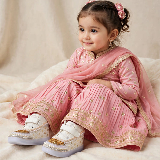 Myra - White & Gold Handcrafted Ethnic Sneakers for Baby Girls