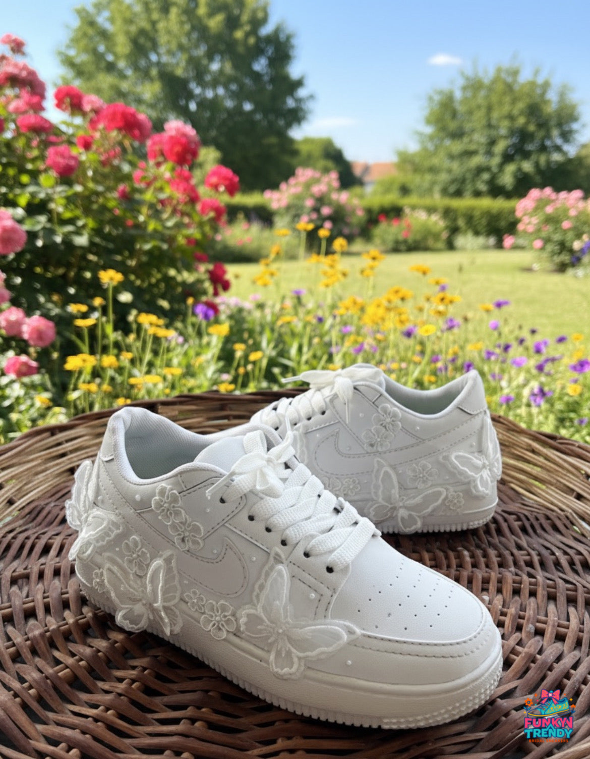 Funky N Trendy white sneakers-
“Floral garden with butterflies Bridal Sneakers/ bridesmaid sneakers – Embroidered Magic”
