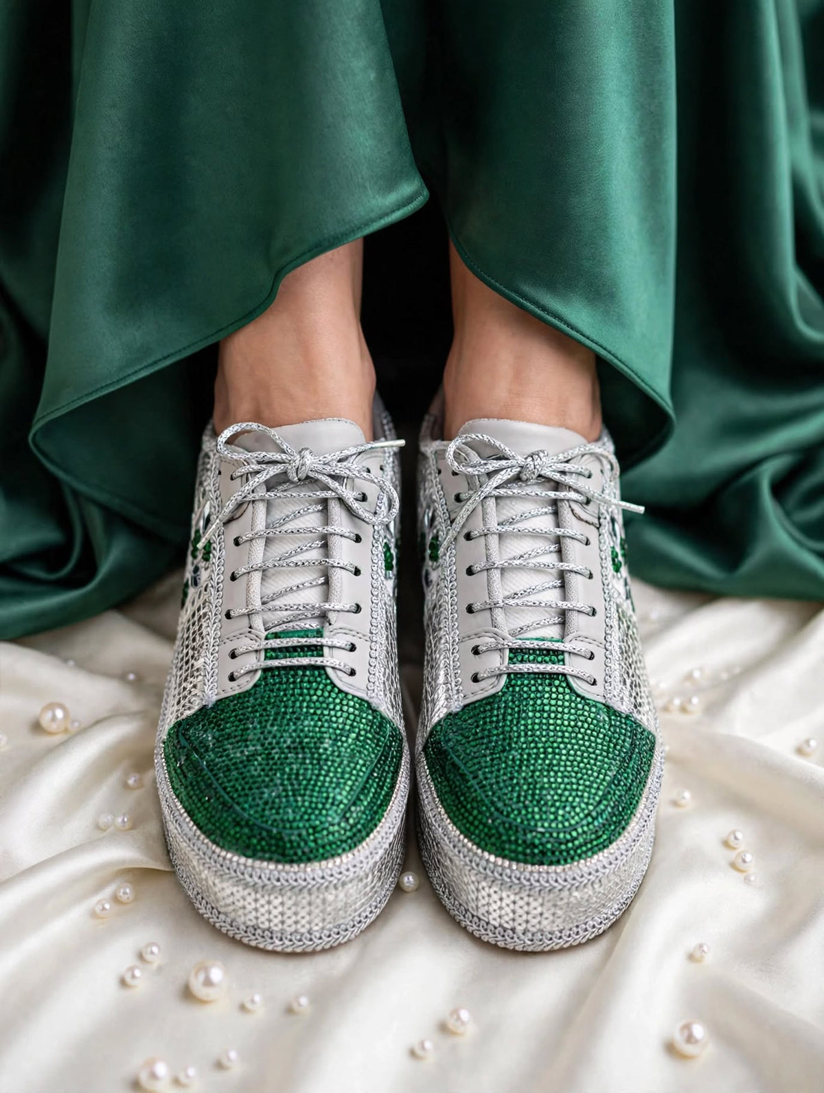 Silver Green Rhinestone Magic - Bridal Platform Sneakers | Silver Wedge Sneakers for Engagement or Sangeet